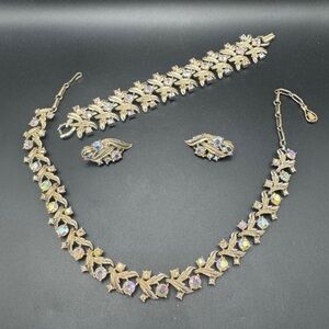 Vintage 1950s CORO Gold Tone  Aurora Rhinestone Set Earring Bracelet Necklace